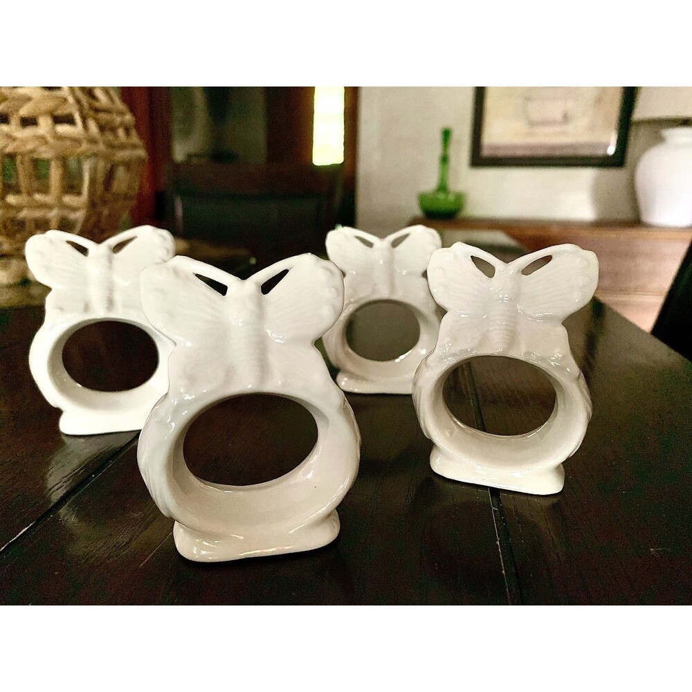 Vintage Ardalt Taiwan Bone China White Butterfly Napkin Rings Set 4 Cottagecore